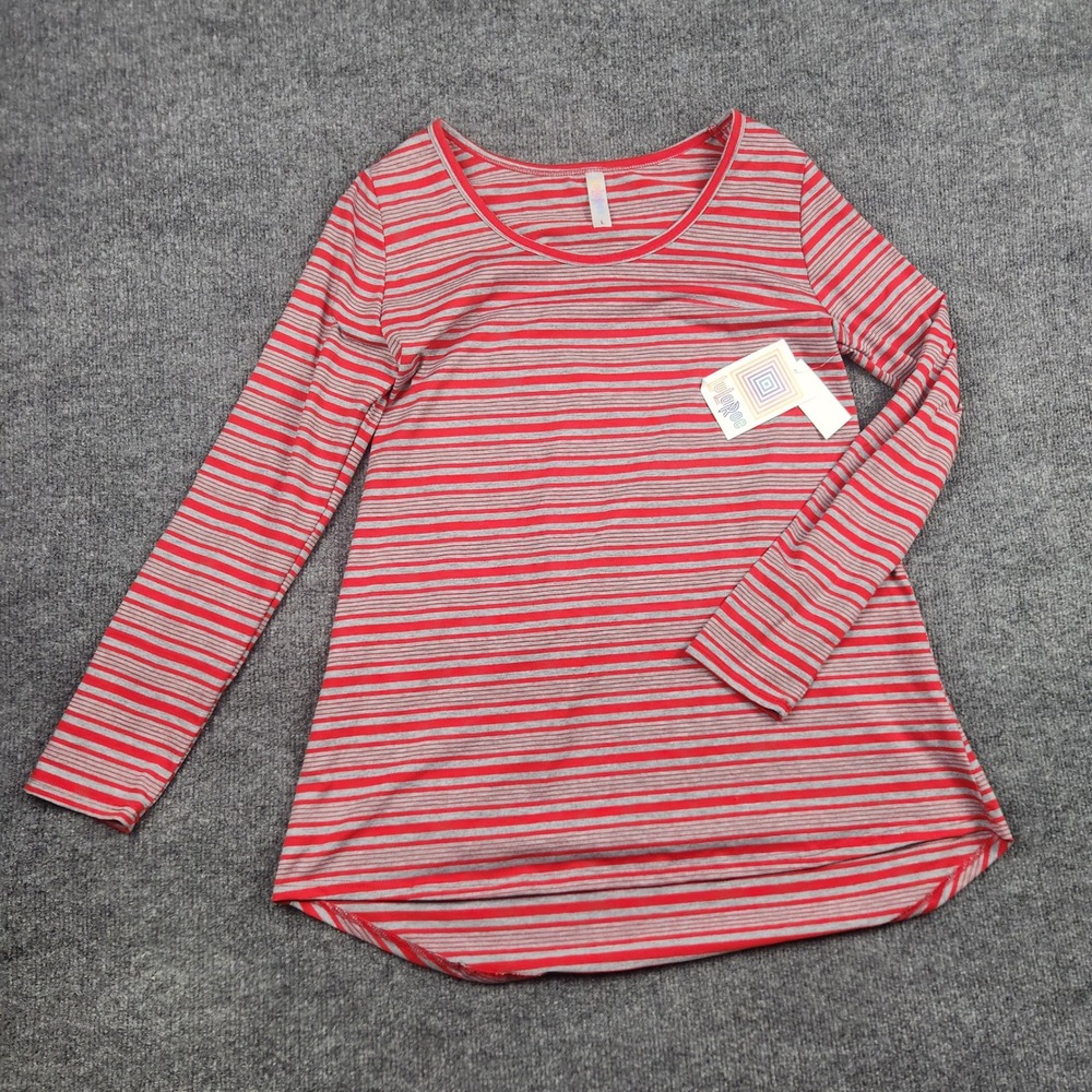 LuLaRoe Lynnae Top Womens Large Red Grey Striped Long Sleeve Scoop Neck NWT